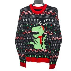 Simplee Christmas Sweater Mens XXL Dinosaur T Rex Black Red Candy Canes Holiday